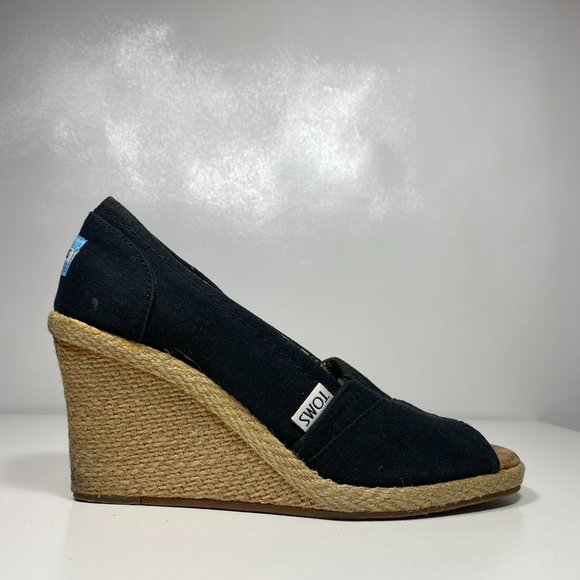 Toms Women Shoes Twill Espadrilles Cork Peep Toe Wedge Black Sz 7 - Picture 7 of 16
